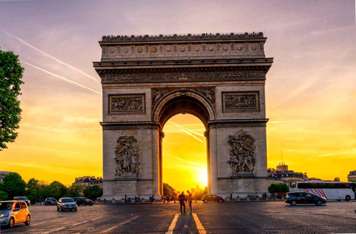 Paris's Arc de Triomphe on the Champs-elysees at sunset