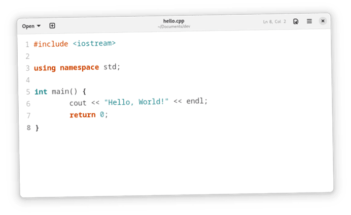 HelloWorld in the Gnome Text Editor